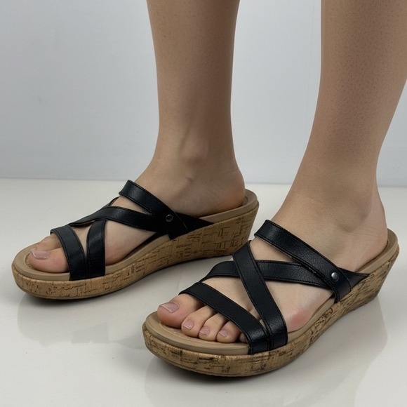CROCS Shoes - Crocs Black Wedge Sandals Cork Sole Women's Size 8 Comfort Slip On